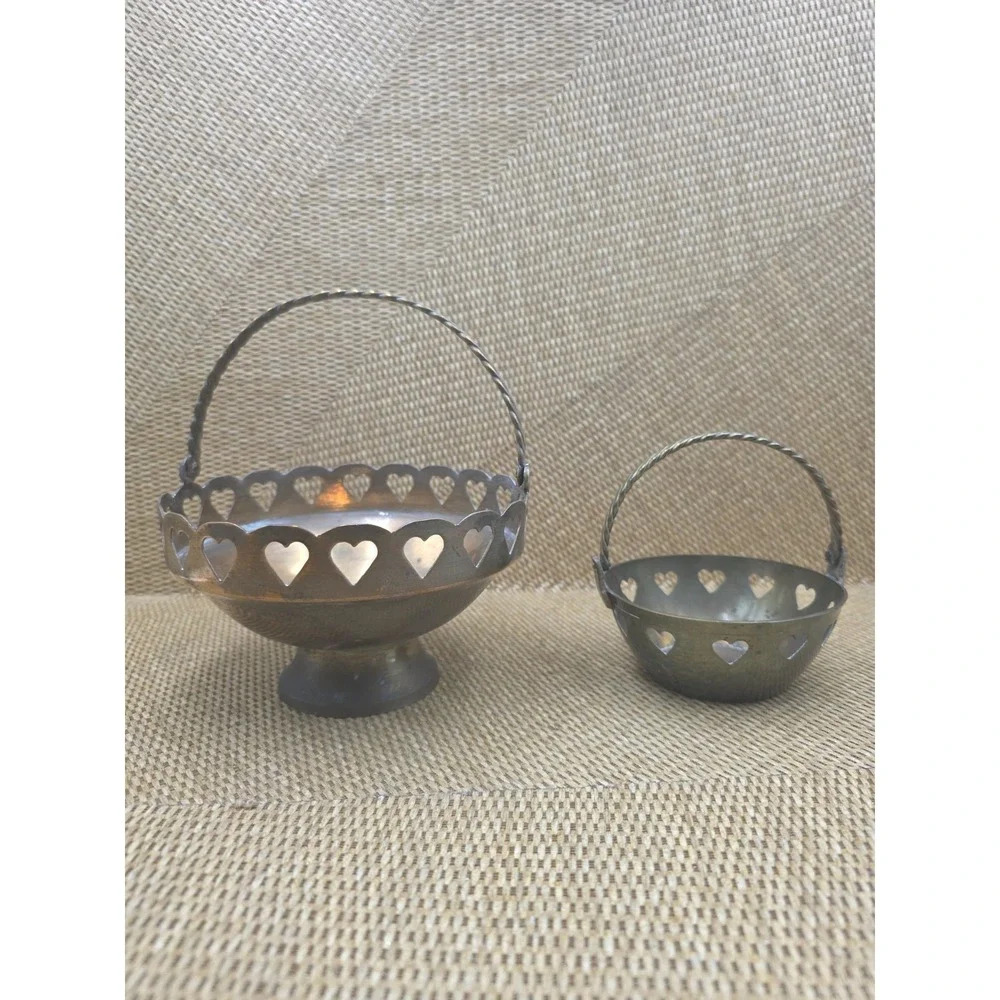 2 Vintage Brass Heart Cutout Candy Nut Bowls Set Pedestal & Handled Basket Decor